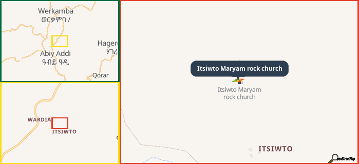 Map showing the address of Itsiwto Maryam rock church in three different zoom levels.