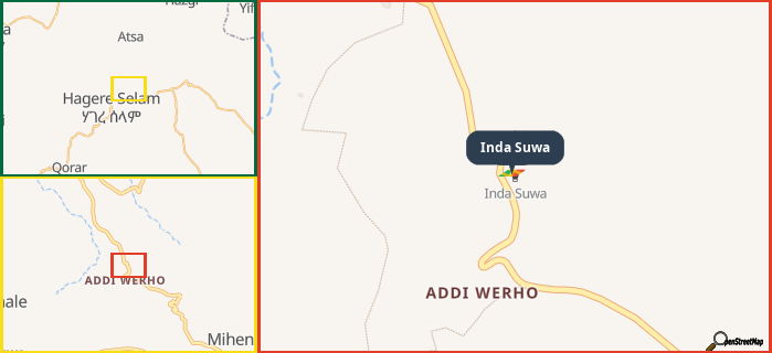 Map showing the address of Inda Suwa in three different zoom levels.