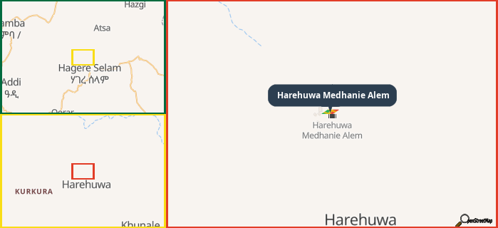 Map showing the address of Harehuwa Medhanie Alem in three different zoom levels.