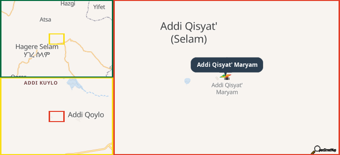 Map showing the address of Addi Qisyat' Maryam in three different zoom levels.