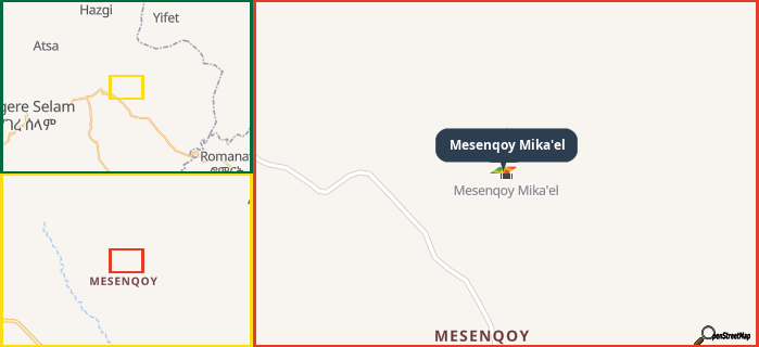 Map showing the address of Mesenqoy Mika'el in three different zoom levels.