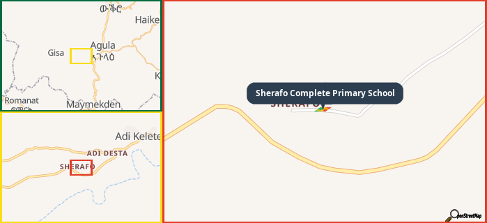 Map showing the address of Sherafo Complete Primary School in three different zoom levels.