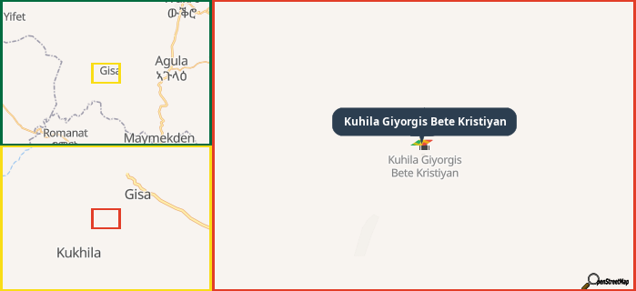 Map showing the address of Kuhila Giyorgis Bete Kristiyan in three different zoom levels.