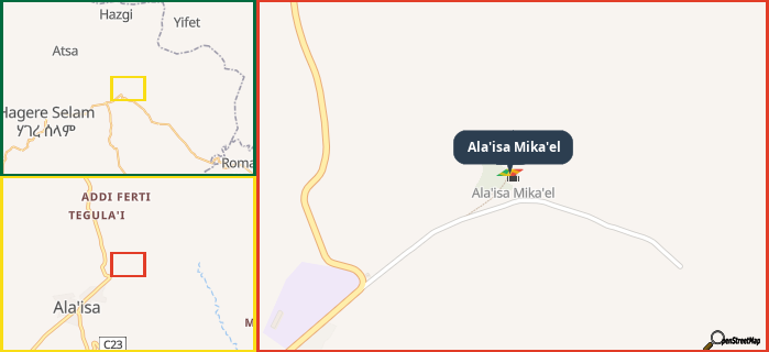 Map showing the address of Ala'isa Mika'el in three different zoom levels.