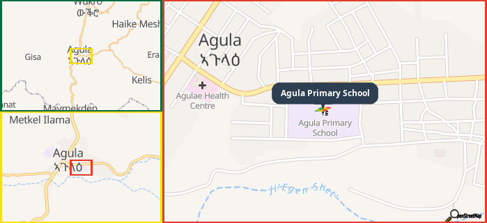 Map showing the address of Agula Primary School in three different zoom levels.