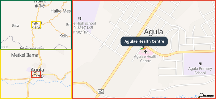 Map showing the address of Agulae Health Centre in three different zoom levels.