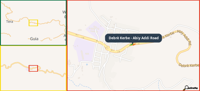 Map showing the address of Debrè Kerbe - Abiy Addi Road in three different zoom levels.