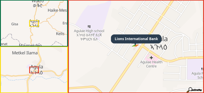 Map showing the address of Lions International Bank in three different zoom levels.