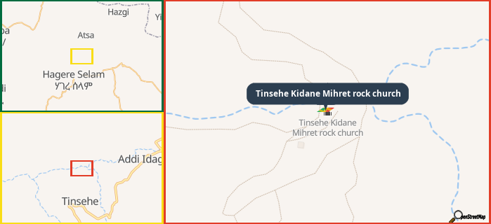 Map showing the address of Tinsehe Kidane Mihret rock church in three different zoom levels.