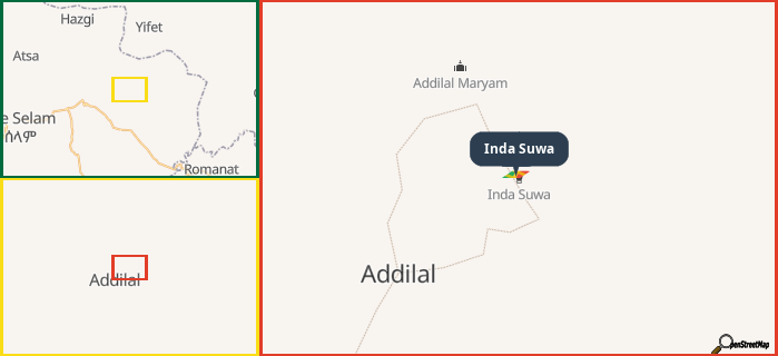 Map showing the address of Inda Suwa in three different zoom levels.