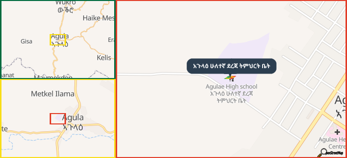 Map showing the address of አጉላዕ ሁለተኛ ደረጃ ትምህርት ቤት in three different zoom levels.