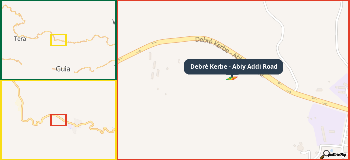 Map showing the address of Debrè Kerbe - Abiy Addi Road in three different zoom levels.