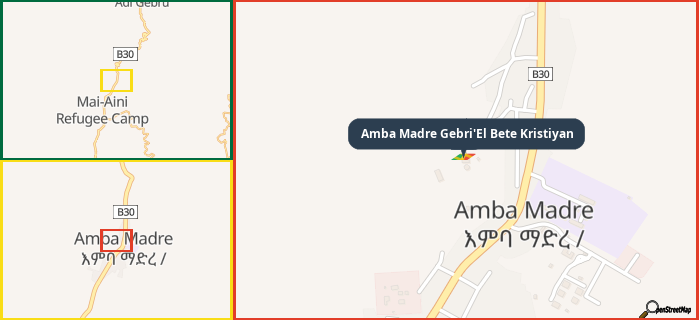 Map showing the address of Amba Madre Gebri'El Bete Kristiyan in three different zoom levels.