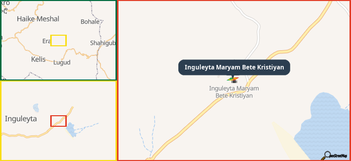 Map showing the address of Inguleyta Maryam Bete Kristiyan in three different zoom levels.