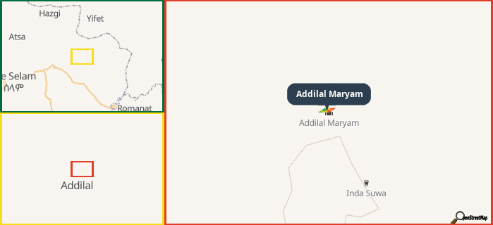Map showing the address of Addilal Maryam in three different zoom levels.
