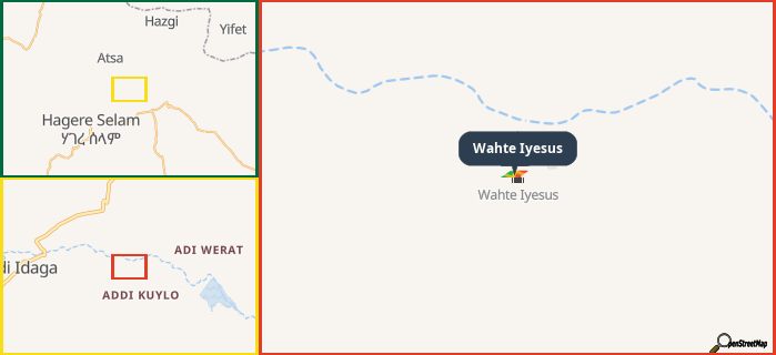 Map showing the address of Wahte Iyesus in three different zoom levels.
