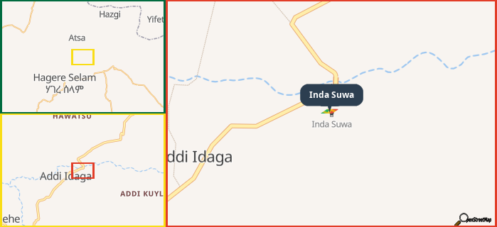 Map showing the address of Inda Suwa in three different zoom levels.