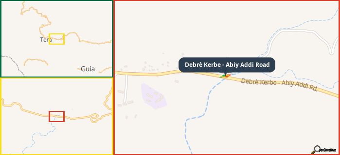 Map showing the address of Debrè Kerbe - Abiy Addi Road in three different zoom levels.