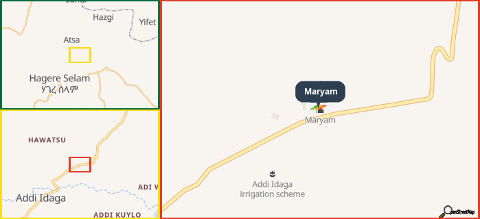 Map showing the address of Maryam in three different zoom levels.