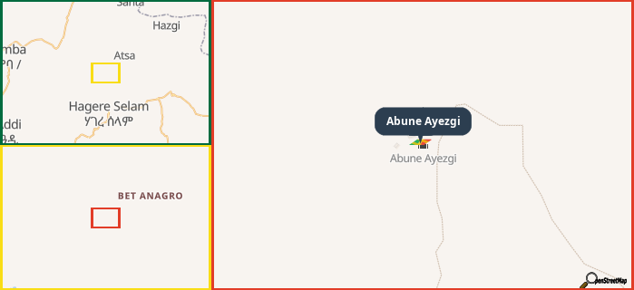 Map showing the address of Abune Ayezgi in three different zoom levels.