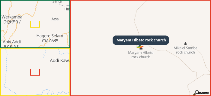 Map showing the address of Maryam Hibeto rock church in three different zoom levels.