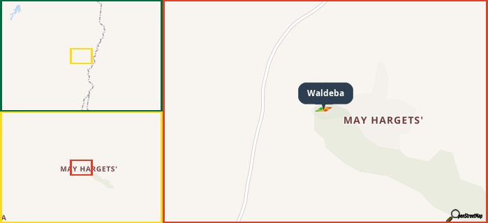 Map showing the address of Waldeba in three different zoom levels.