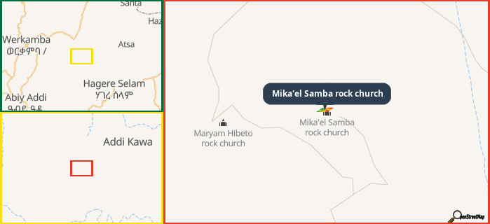 Map showing the address of Mika'el Samba rock church in three different zoom levels.