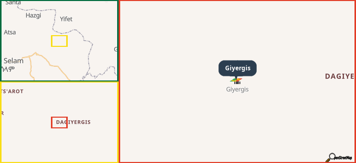 Map showing the address of Giyergis in three different zoom levels.