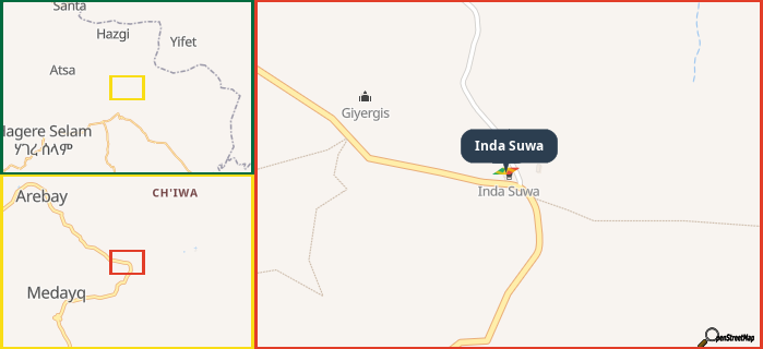 Map showing the address of Inda Suwa in three different zoom levels.
