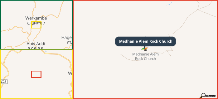 Map showing the address of Medhanie Alem Rock Church in three different zoom levels.