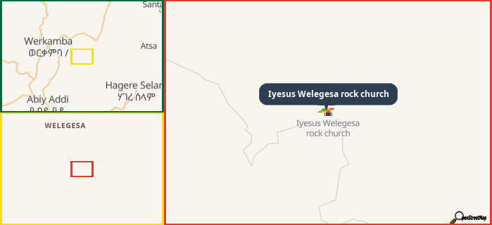 Map showing the address of Iyesus Welegesa rock church in three different zoom levels.