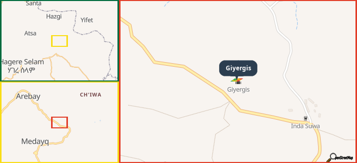 Map showing the address of Giyergis in three different zoom levels.