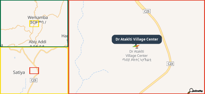 Map showing the address of Dr Ataklti Village Center in three different zoom levels.