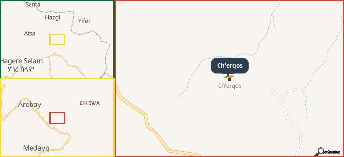 Map showing the address of Ch'erqos in three different zoom levels.