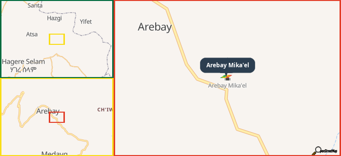 Map showing the address of Arebay Mika'el in three different zoom levels.