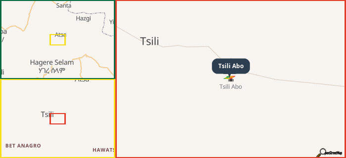 Map showing the address of Tsili Abo in three different zoom levels.