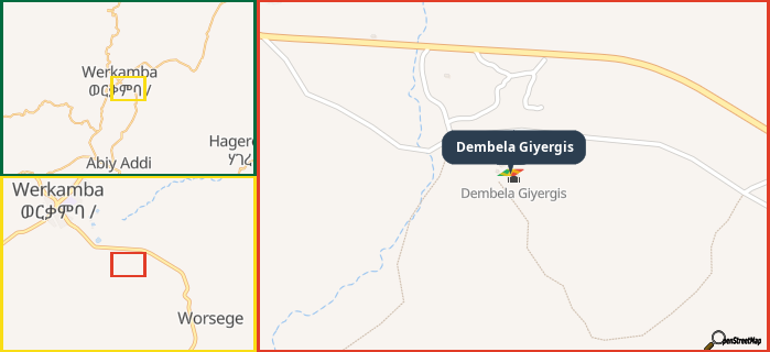 Map showing the address of Dembela Giyergis in three different zoom levels.