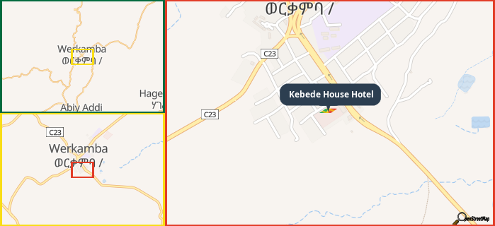 Map showing the address of Kebede House Hotel in three different zoom levels.