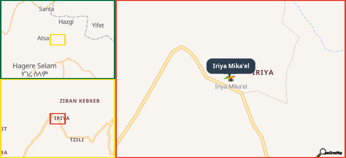 Map showing the address of Iriya Mika'el in three different zoom levels.