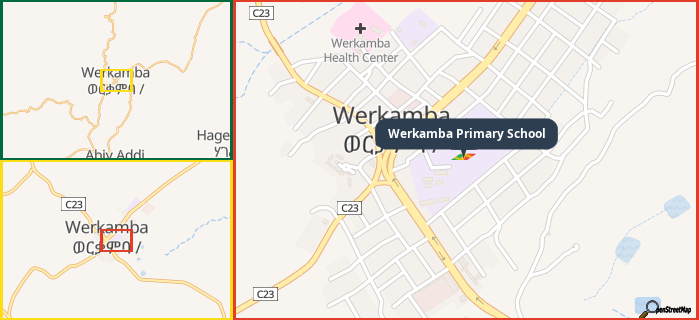 Map showing the address of Werkamba Primary School in three different zoom levels.
