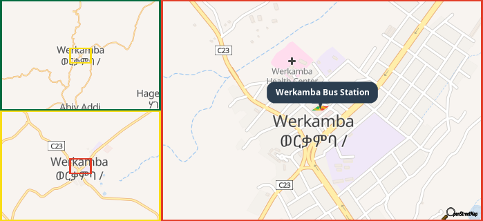 Map showing the address of Werkamba Bus Station in three different zoom levels.