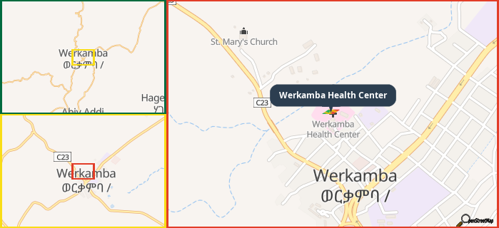 Map showing the address of Werkamba Health Center in three different zoom levels.