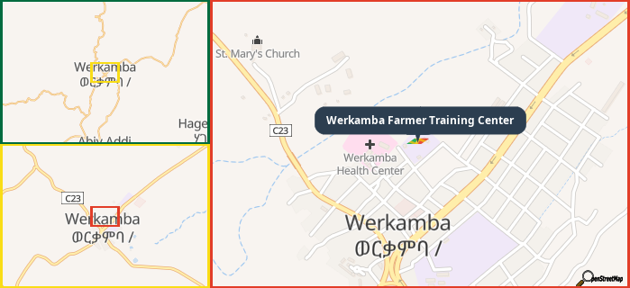 Map showing the address of Werkamba Farmer Training Center in three different zoom levels.