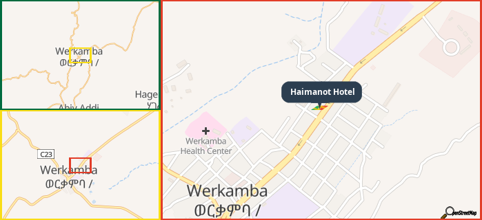 Map showing the address of Haimanot Hotel in three different zoom levels.