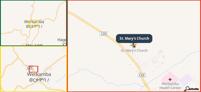 Map showing the address of St. Mary's Church in three different zoom levels.