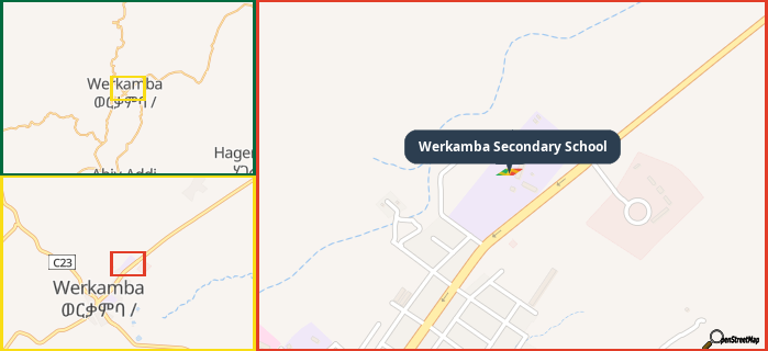 Map showing the address of Werkamba Secondary School in three different zoom levels.