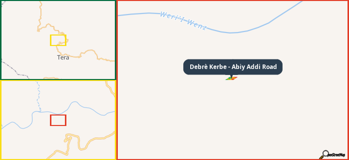 Map showing the address of Debrè Kerbe - Abiy Addi Road in three different zoom levels.