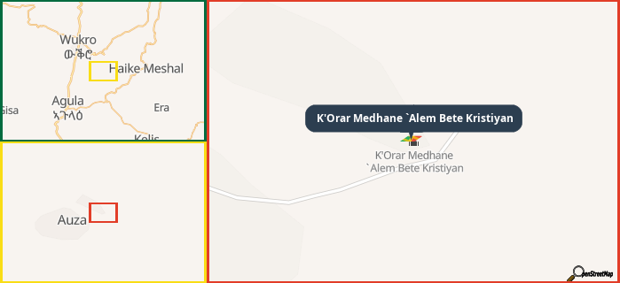 Map showing the address of K'Orar Medhane `Alem Bete Kristiyan in three different zoom levels.