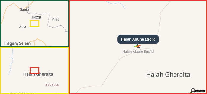 Map showing the address of Halah Abune Ego'id in three different zoom levels.