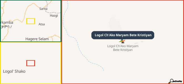Map showing the address of Logol Ch'Ako Maryam Bete Kristiyan in three different zoom levels.